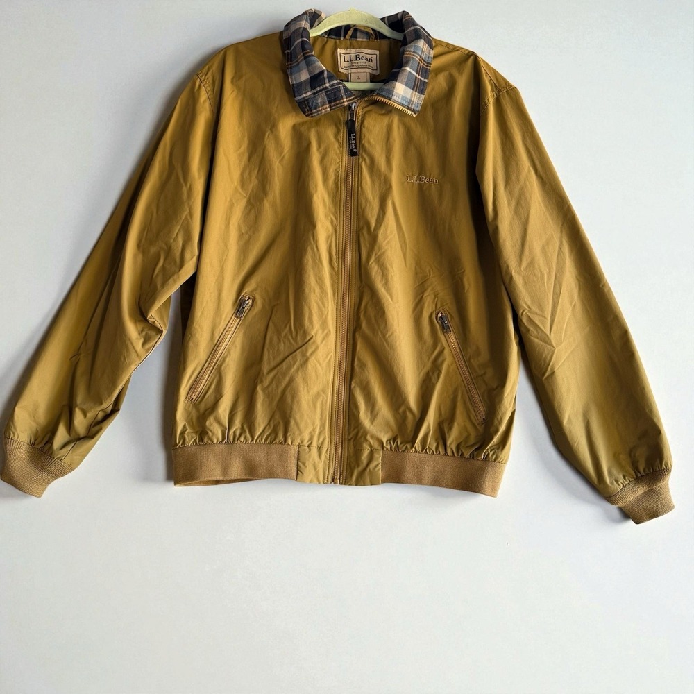 L.L. Bean Men's Flannel-Lined Nylon Bomber Jacket – Tan / Plaid Lining‎ – Size L